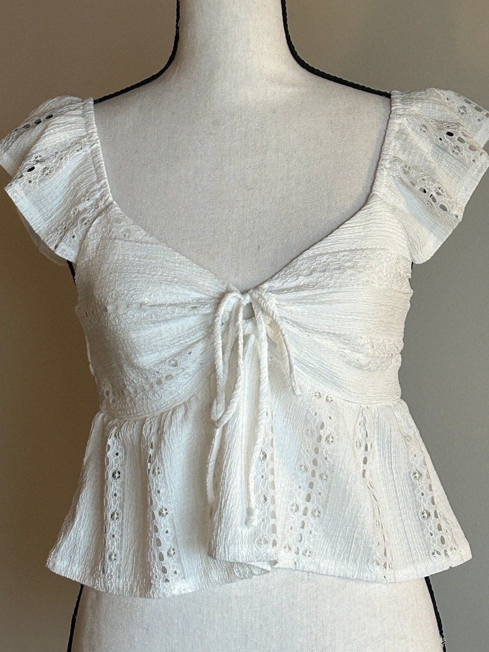 White Eyelet Tie-Front Peplum Crop Top - Women
